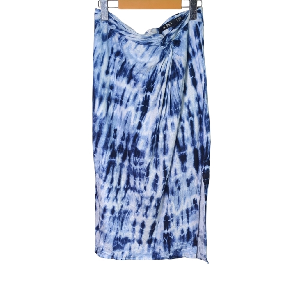 Lauren Ralph‎ Lauren Tie-Dye Midi Skirt Blue White Linen Blend Size Small